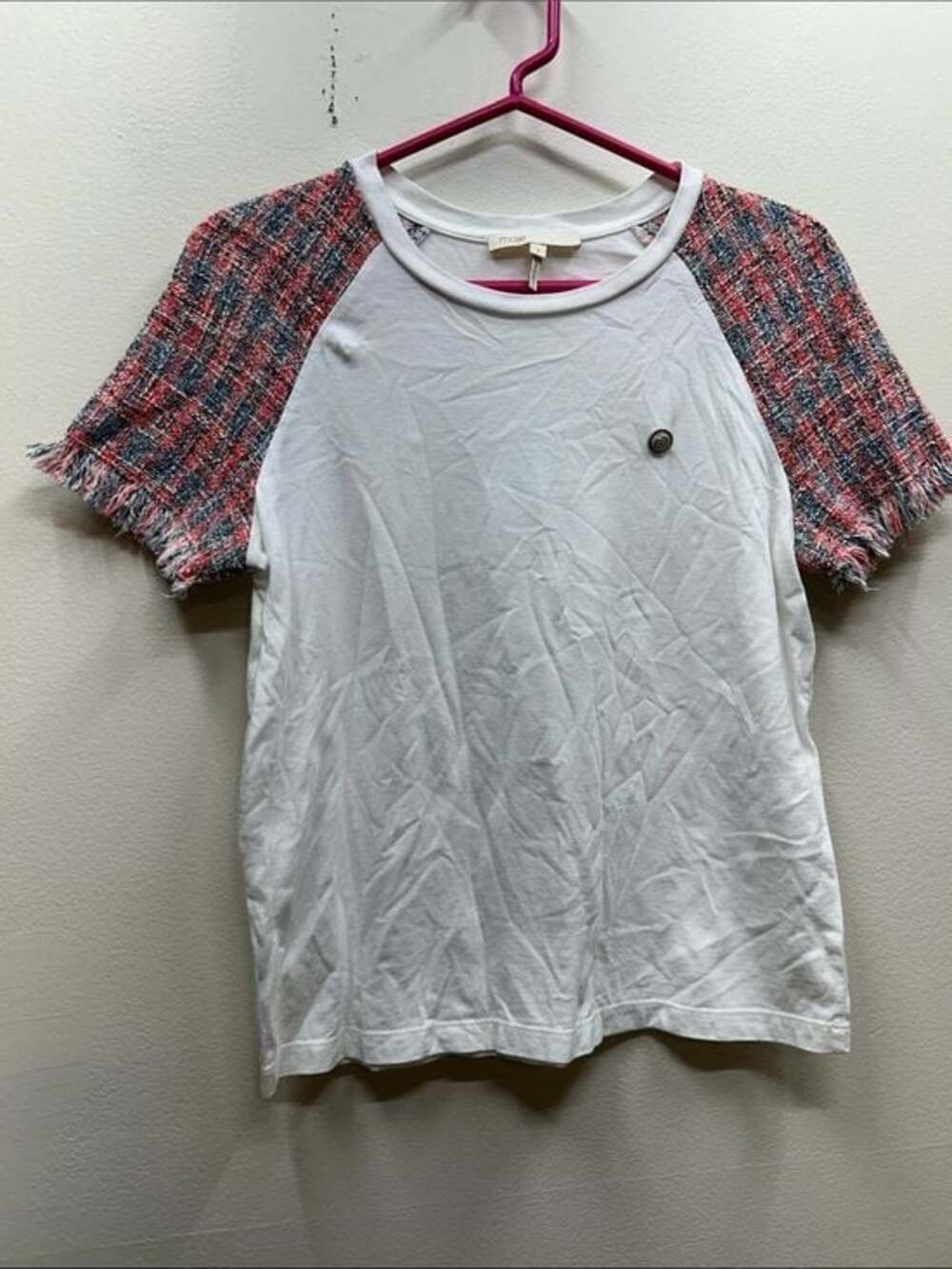 Maje White Tee with Pink Tweed Raglan Sleeves
